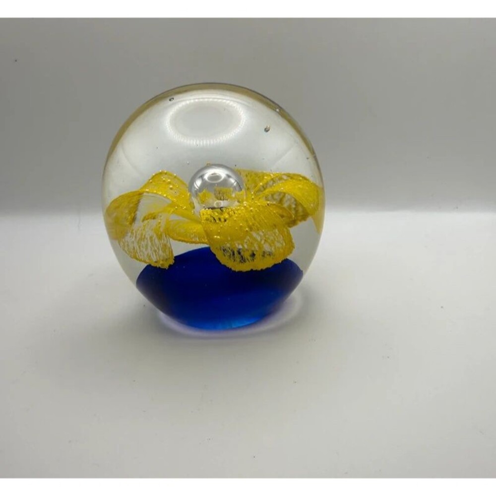 Vintage Murano Style Hand-Blown Glass Yellow Flower Paperweight